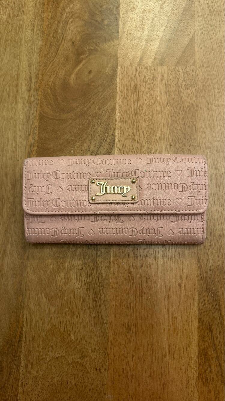 Juicy Couture Y2K Embossed Monogram Trifold Wallet — Blush Pink, Gold Hardware